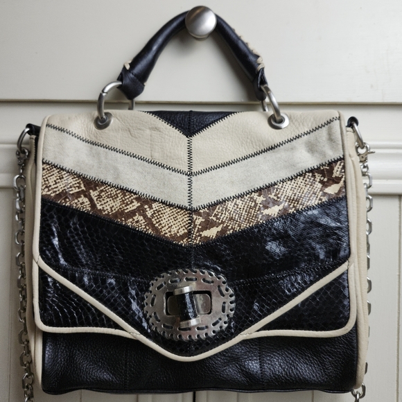 Vintage Isabella Fiore Leather Snakeskin Wool Patchwork Satchel Detachable Chain - Picture 5 of 17